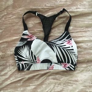 Floral Palm Print Racerback Bralette - Black & White with Pink Accents
